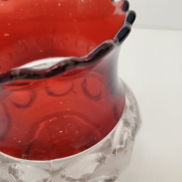 Vintage MCM Cranberry Glass Bowl Vase Candleholder Scalloped Ruffled Rim Regency - Picture 3 of 8